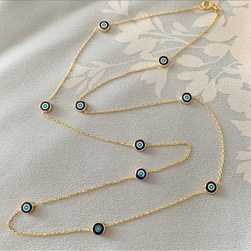 Delilah Evil Eye Station Necklace - 24" Long | Navy | Gold Vermeil