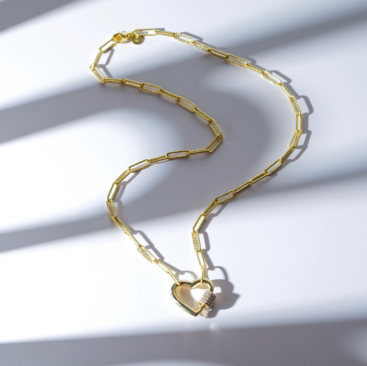 Lock Charm on Gold-Filled Paperclip Necklace with Heart Carabiner